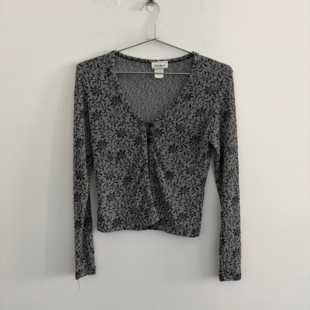 Sun Fire USA Vintage 90s Grey Black Floral Scroll Cardigan Top Small